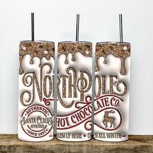 Christmas North Pole Hot Chocolate Inflated Glitter Drip 20z Skinny Tumbler